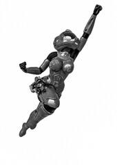 coolest astronaut girl is flying up very fast in white background