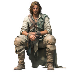 A rugged man in historical attire, seated and contemplative.