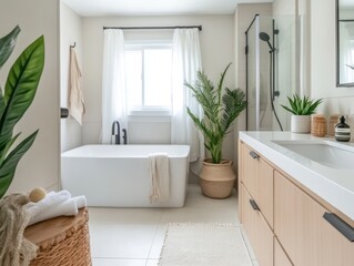 Modern minimalist bathroom with freestanding tub and plants