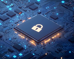Fototapeta premium Padlock Icon on Computer Microchip