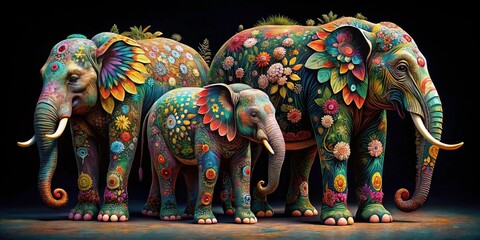 Colorful Elephants with Floral Designs on Black Background - Vibrant Urban Exploration Art