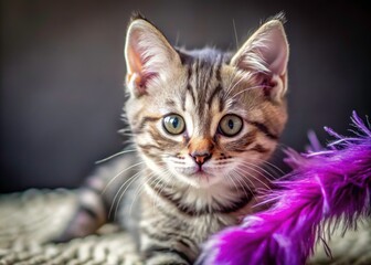 Fototapeta premium A tiny gray tabby kitten playfully bats a purple feather.