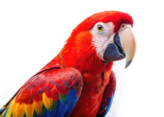 Fototapeta premium A vibrant red parrot, isolated on white, three feathers highlighted in stunning bird photography.