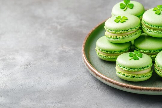 Delightful green macarons arranged on a rustic plate with charming shamrock decorations