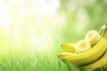Fresh Bananas on Green Grass with Sliced Pieces, Showcasing the Natural Beauty of Yellow Fruits Under Soft Light in a Serene Outdoor Setting