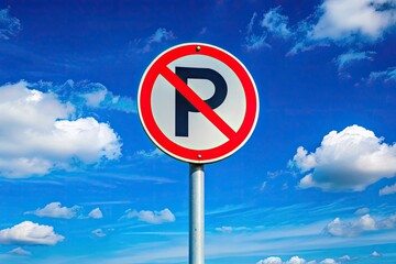 Blue sky, stark white "No Parking" sign. Minimalist street scene.  Clean lines, simple composition.