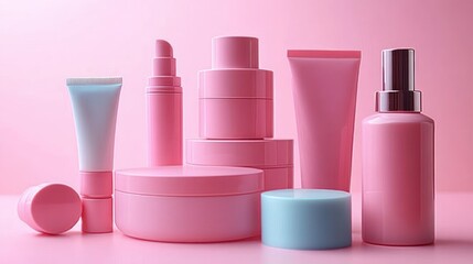 Minimalist Arrangement of Skincare Products on Soft Pink Background