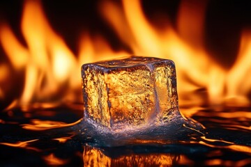 Ice Cube Melting on Grill Flames Capturing Contrast of Heat and Cold
