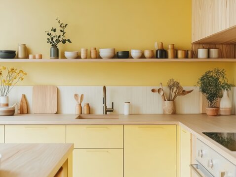 Modern Yellow Kitchen with Wooden Accents and Minimalist Design