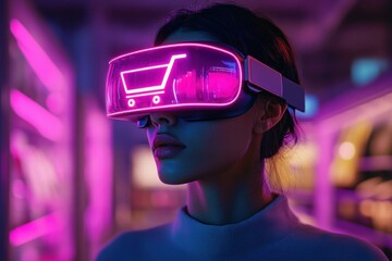 Virtual Reality Shopping Experience with VR Goggles and Neon Lights in a Cyberpunk Setting