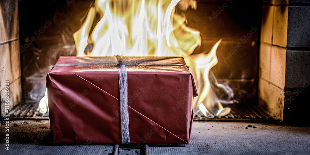 Poster a red box with a ribbon on top sits on a fireplace