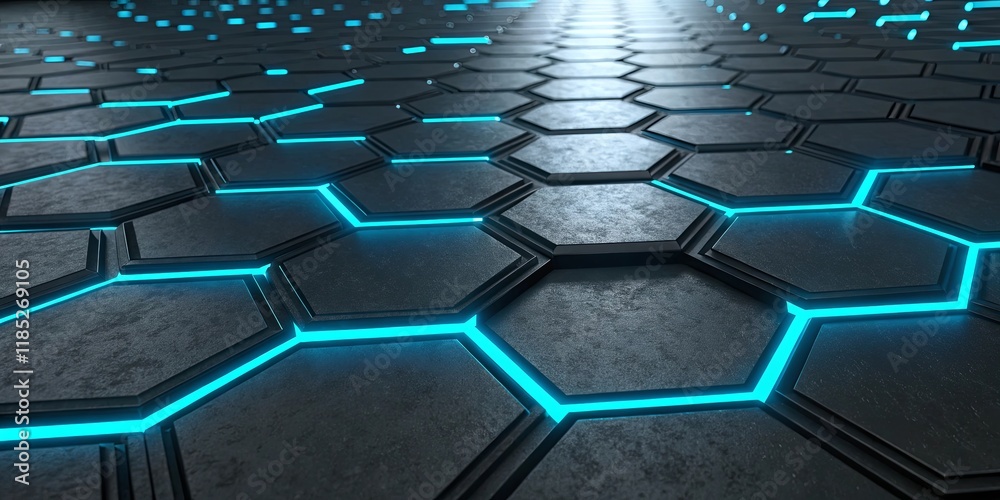 Poster A blue and black hexagonal pattern with a blue light shining on it