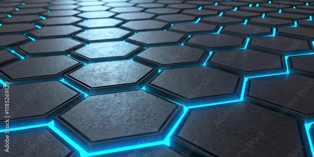 Poster a blue and black hexagonal pattern with a blue light shining on it