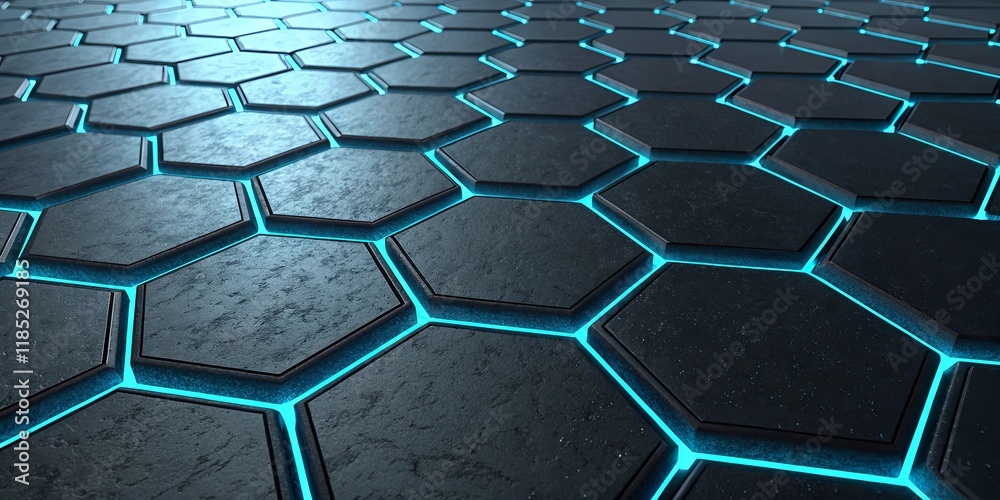Poster a black and blue hexagonal pattern with a blue glow