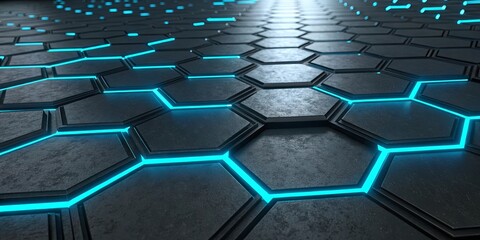 Fototapeta premium A blue and black hexagonal pattern with a blue light shining on it