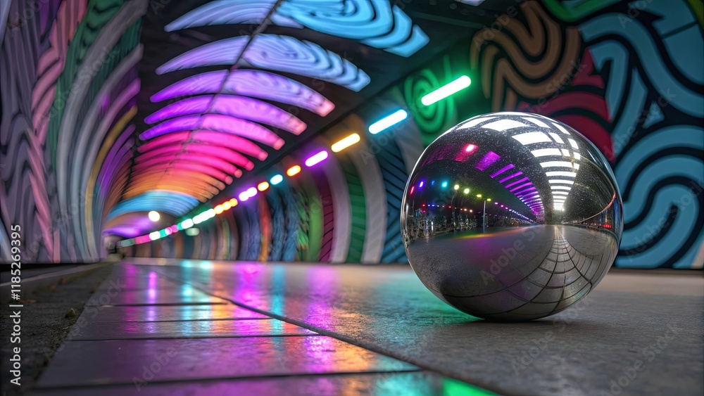Aufkleber a shiny silver ball is sitting on a wet sidewalk in front of a colorful tunnel