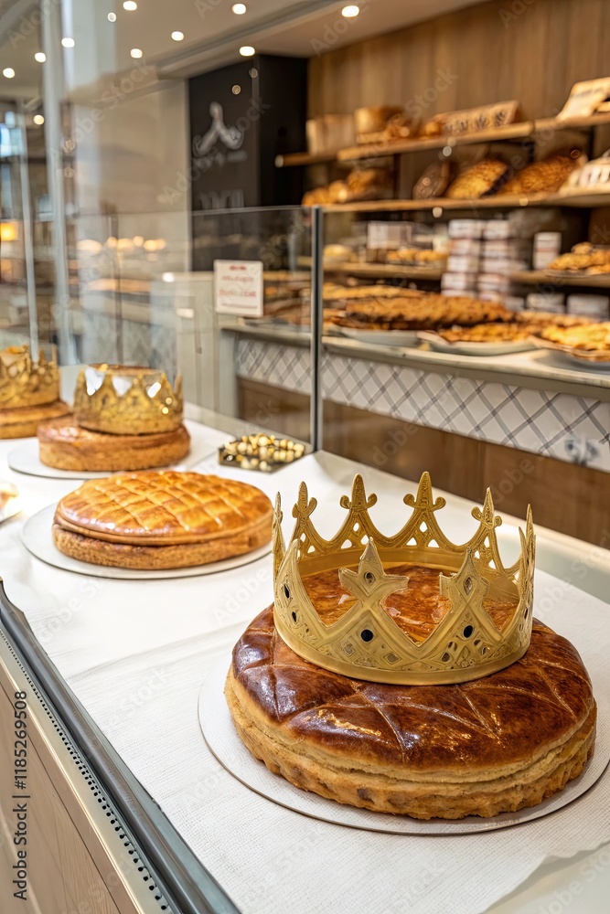 Poster a bakery display case with a cake on top of a white cloth