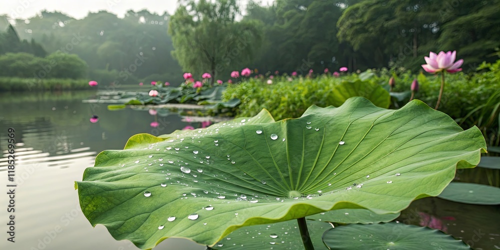 Aufkleber a large leaf with water droplets on it is floating in a pond