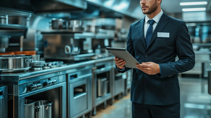 Professional restaurant inspector in a suit conducting a kitchen inspection with a tablet in a modern kitchen
