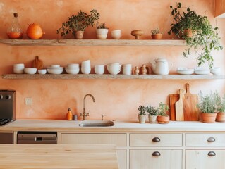 Rustic Kitchen Shelving With Plants And Dishes