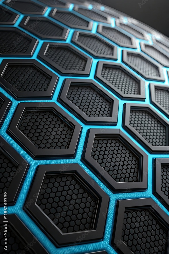 Poster a blue and black hexagonal patterned design