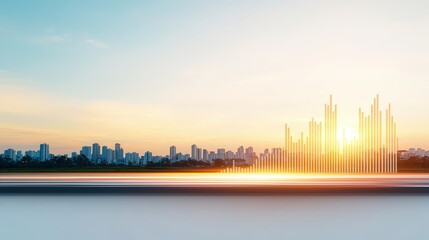 Obraz premium A city skyline with a sun setting in the background