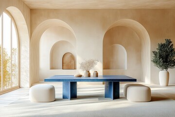 Minimalist Japandi Living Room Design with Blue Dining Table Beige Walls and Natural Light