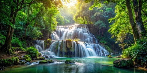 Obraz premium Double Exposure Waterfall Forest Photography: Magical Nature Scene, Mystical Forest, Cascade, Lush Greenery