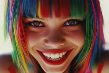 Fototapeta premium Attractive happy mixed-race girl - for ads, poster and social apps marketing use. Commercial commercial visual idea. Short haircut - multicolored hair. Hair color trends. Bold style campaigns.
