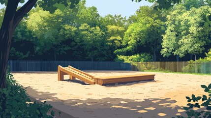 Obraz premium Sunny day at a park with a wooden playground structure in a sandy play area.