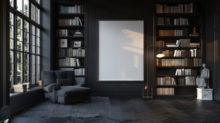 Library room with blank photo frame on the wall, version 38