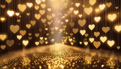 Golden hearts shimmering on a sparkling background. Romantic and luxurious backdrop.