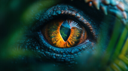 Obraz premium Dragon's Eye: A close-up of a dragon's golden eye, reflecting the world around it with an ancient wisdom and a hint of danger.