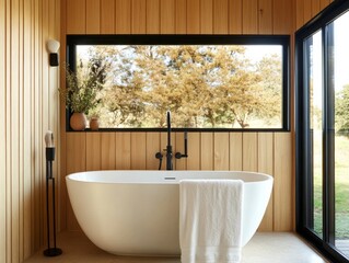 Modern bathroom features a freestanding tub and wood paneled walls
