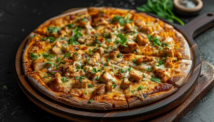 A freshly baked chicken pizza with a generous amount of cheese and toppings on a wooden cutting board.