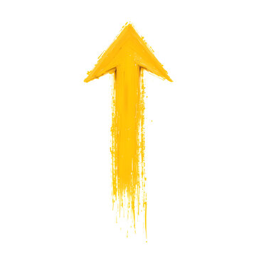 Yellow paint brush stroke arrow pointing up, hand painted arrow sign isolated on white background