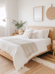 Minimalist Bedroom Design With White Bedding and Natural Wood
