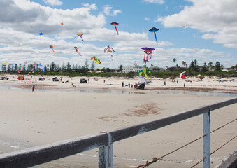 Vibrant kites flying over a sandy beach with people and greenery