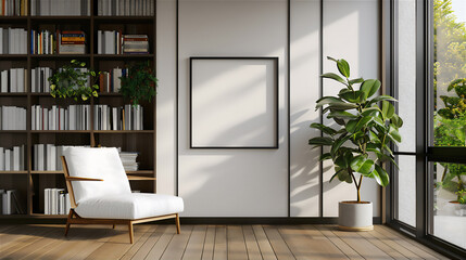 Library room with blank photo frame on the wall, version 28
