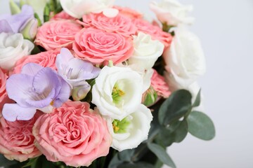 Beautiful wedding bouquet on light background, closeup