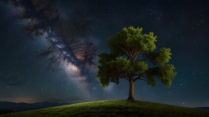 Time lapse growing tree on a hill with grass on the background of the Milky Way Generative AI