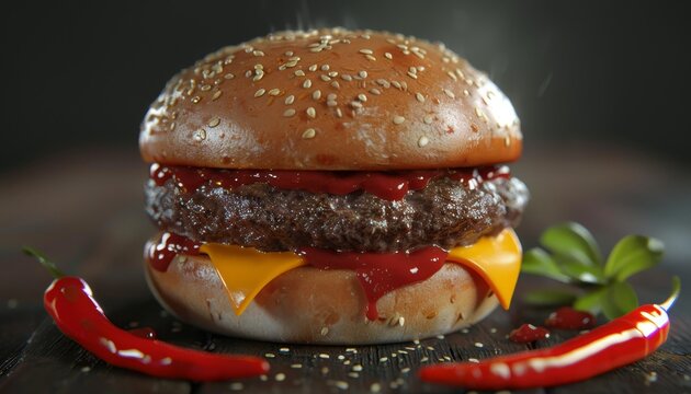 A close-up of a juicy cheeseburger with ketchup, a sesame seed bun, and chili peppers on a wooden table.