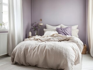 Serene Bedroom Featuring Neutral Linen Bedding and Lavender Accents