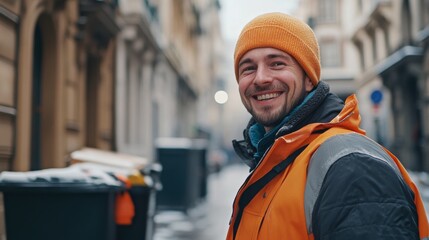 Fototapeta premium Urban Explorer: A cheerful man in an orange beanie and vest, beams as he walks down a cobblestone street on a cold winter day.