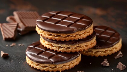 Close-up of four round chocolate-covered cookies on a wooden table with chocolate shavings.