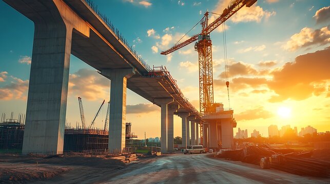 Highway construction site with cranes and building under blue sky.