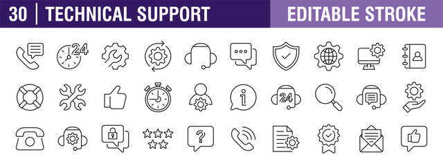 Collection of technical support icons. Help, complaints, customer service. Vector design template, signs, symbols, editable stroke.