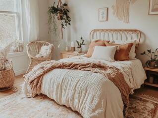 Obraz premium Serene Bohemian Bedroom Decor Neutral Tones And Textures