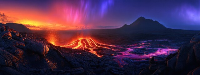 Fototapeta premium An extraordinary perspective of a remote volcanic island with a glowing lava dome and a rare, deep purple aurora australis casting an ethereal light over the volcanic landscape, Volcanic island scene