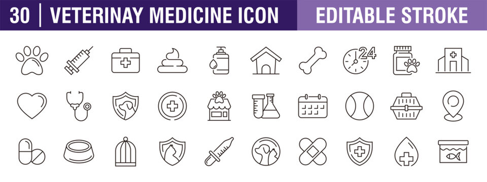 Collection of veterinarian icons. Pets, medicine. Vector design template, signs, symbols, editable stroke.